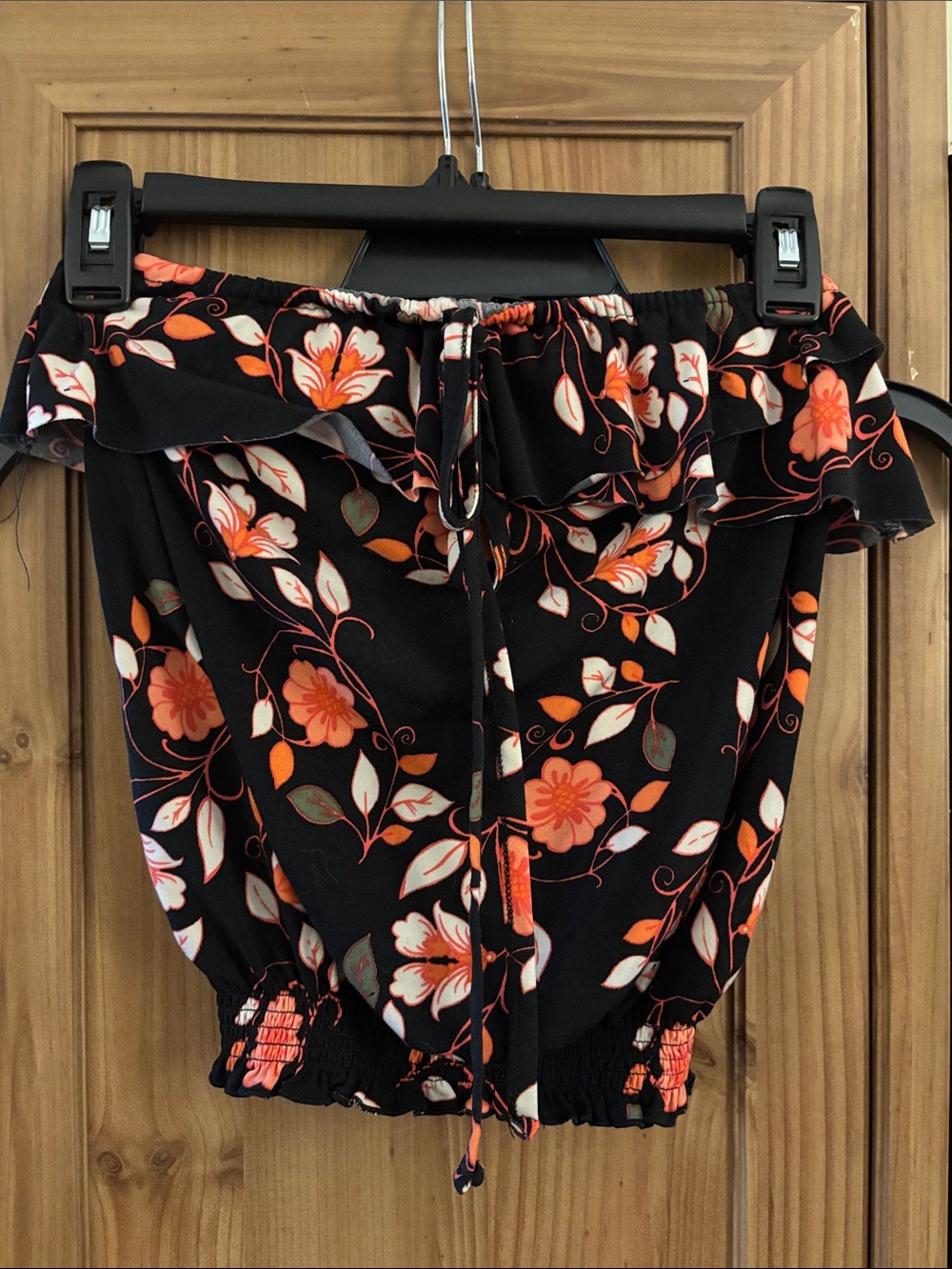 Black Off-Shoulder Floral Ruffle Crop Top with Orange Blooms